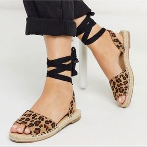Leopard Print Ribbon Tie Leg Espadrilles